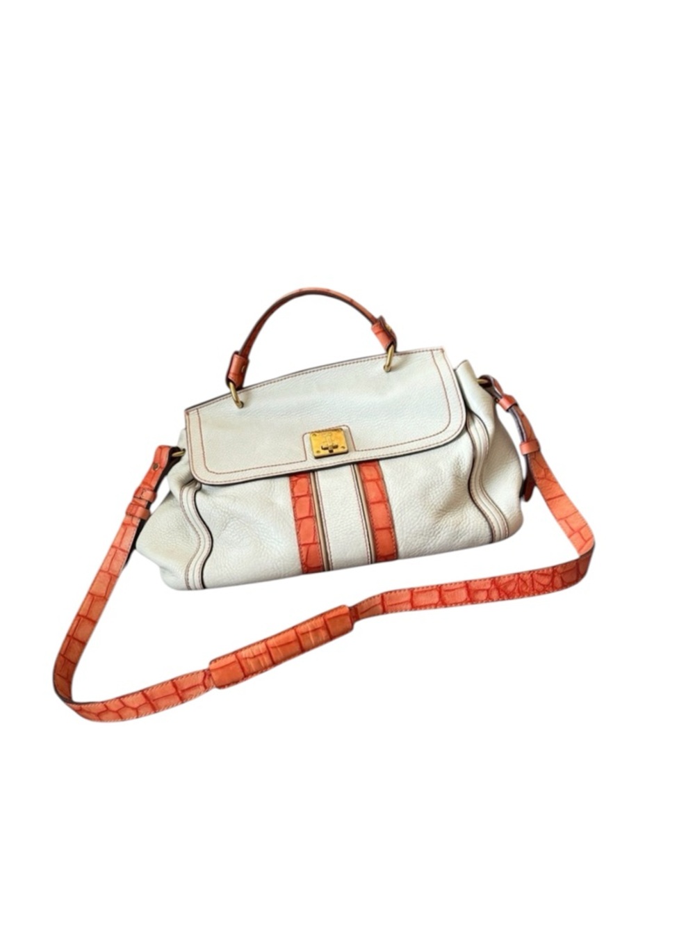 MCM White/Orange Leather and Croc
Embossed Leather Flap Top Handle Bag